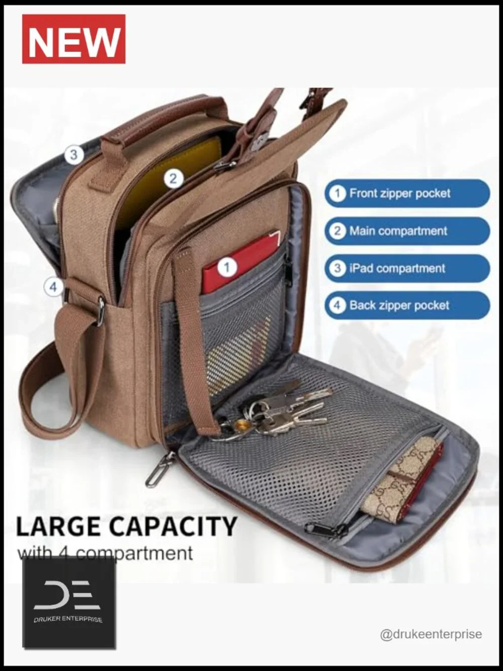 Canvas Crossbody Messenger Bag for Men Work Travel Multi-Pocket Satchel
